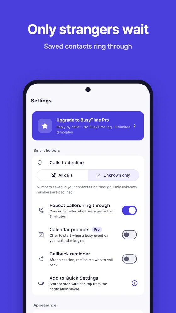 Settings: repeat callers ring through, calendar prompts and callback reminder