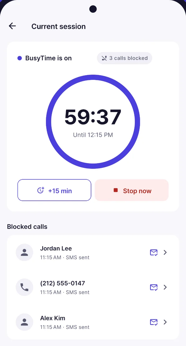 BusyTime current session screen with a 59:38 countdown and three blocked calls that each received an SMS reply